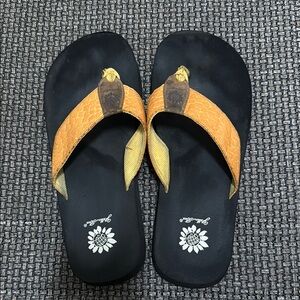 Yellow Box Sandals with Orange Straps and Black Soles Size 10